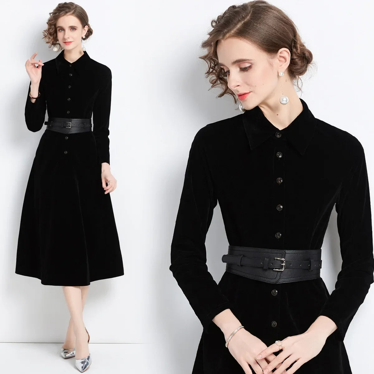Vestido negro de terciopelo de estilo británico,