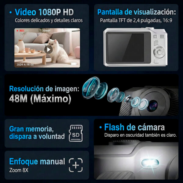 Cámara De Bolsillo 48 Mega Pixeles Con Video 1080P Con Flash Cámara Selfie Y Reproductor Mp3