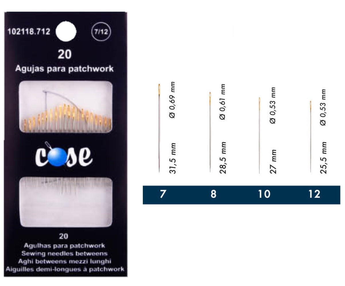 20 Agujas para Patchwork Cose española #7, #8, #10, #12