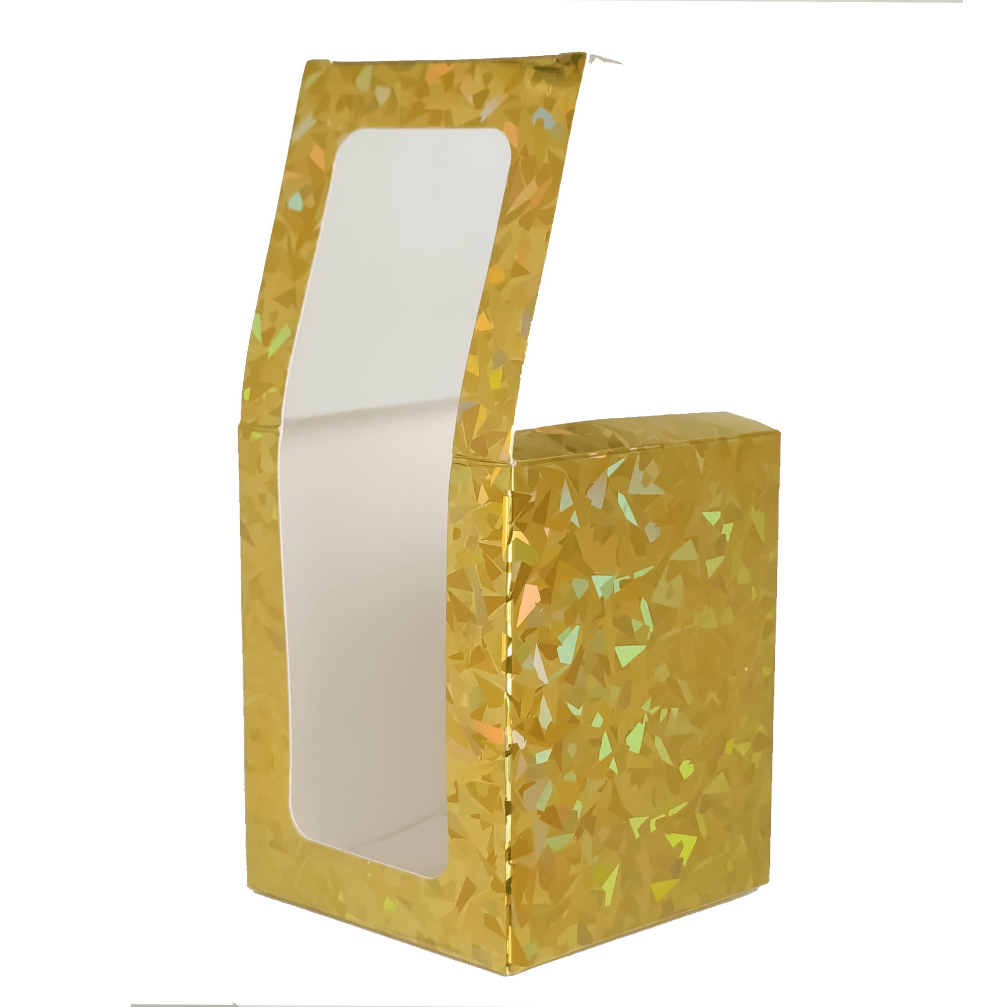 Caja Decorativa Cuadrada para Velas – Dorada - Patrón de Triángulos Brillantes con Ventana Transparente | Chica 8x10 cm