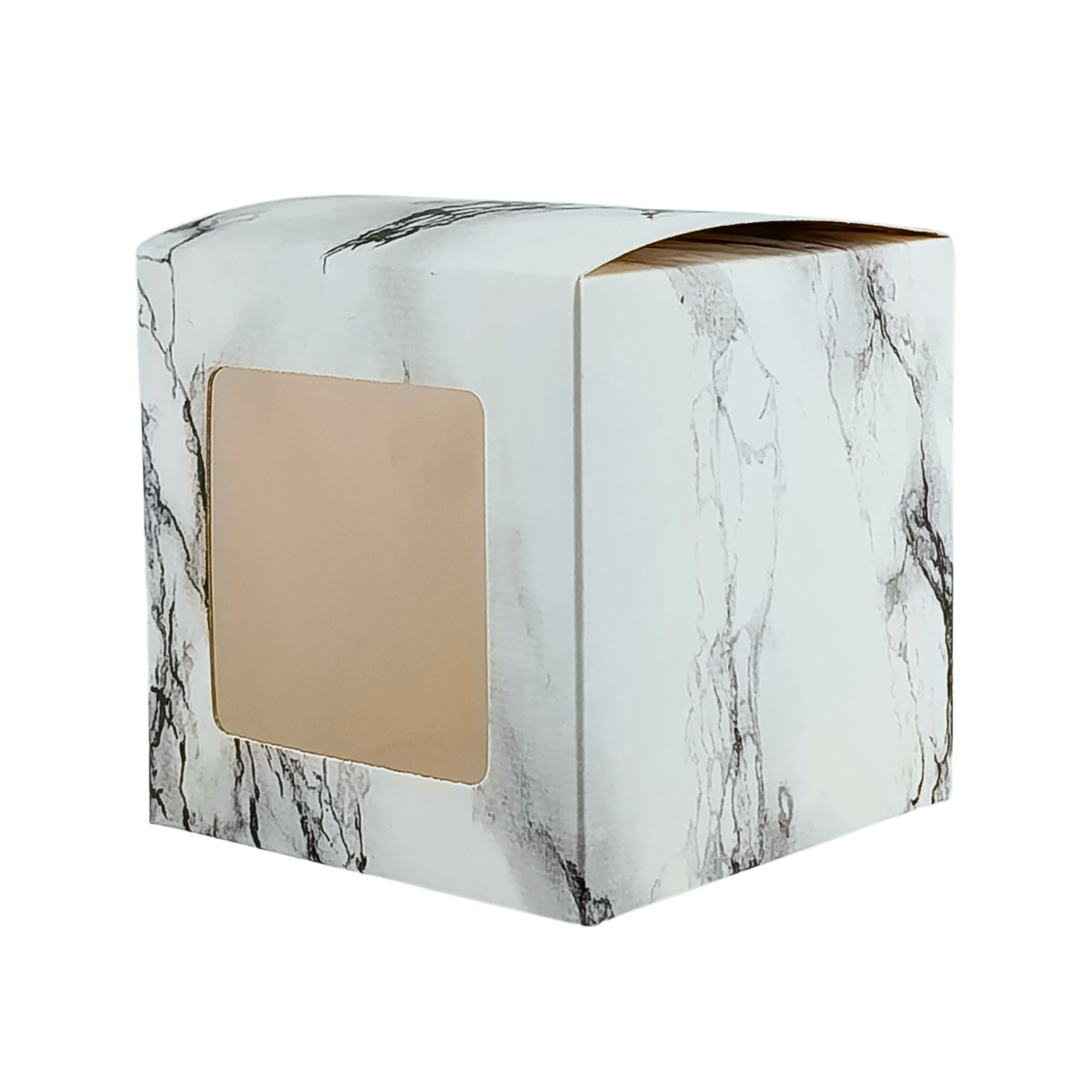 Caja Decorativa Cuadrada para Velas – Mármol Blanco - Ventana Transparente | Grande 10x10 cm