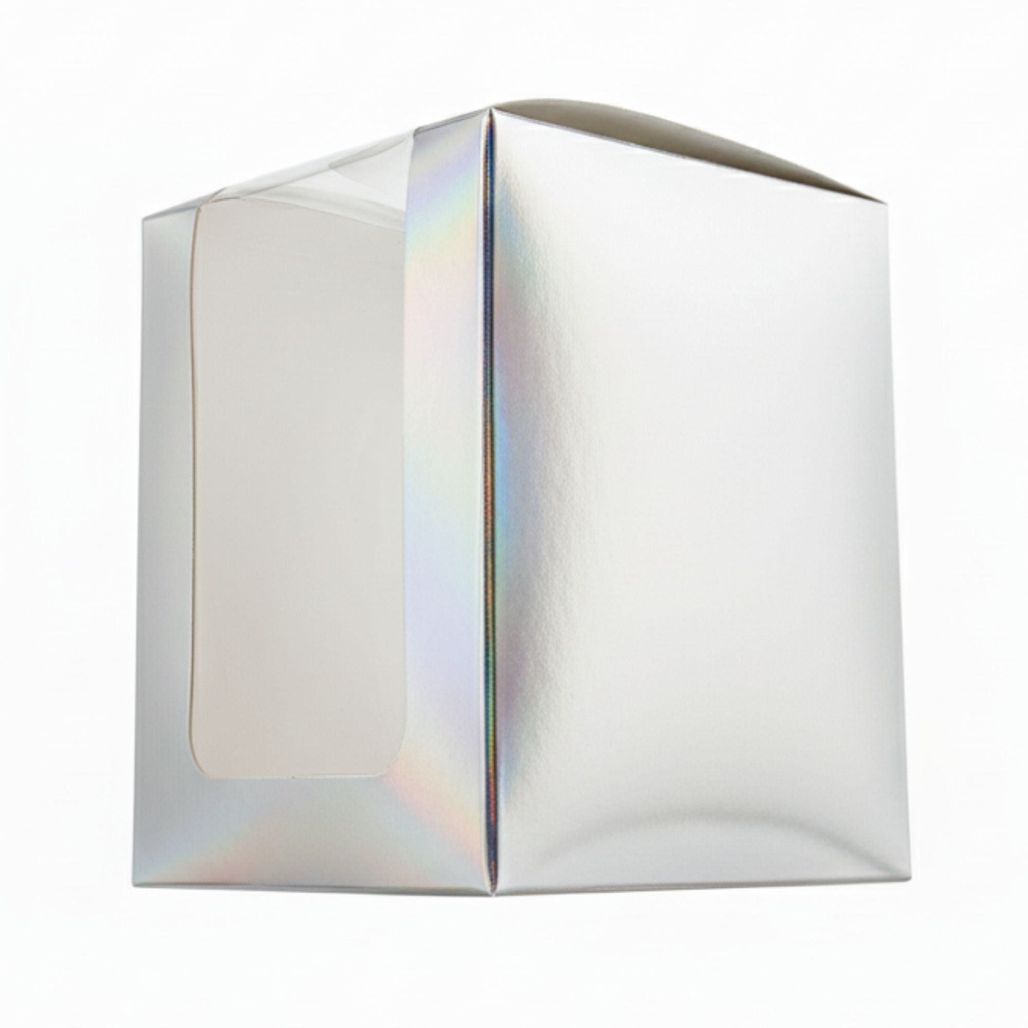 Caja Decorativa Cuadrada para Velas – Plateada Tornasol - Ventana Transparente | Chica 8x10 cm