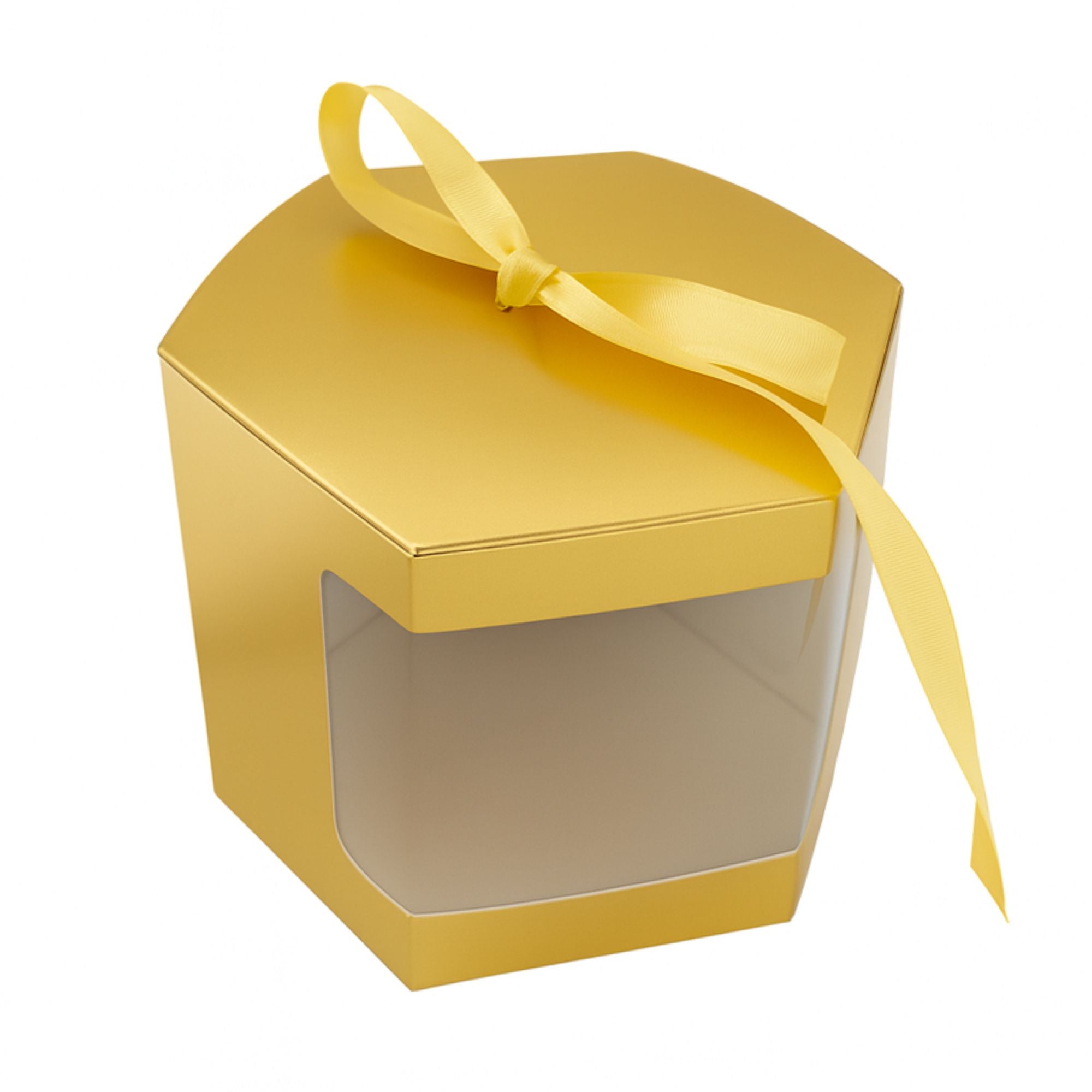 Caja Decorativa Hexagonal para Velas – Dorada - Ventana Transparente | Grande 10x10 cm