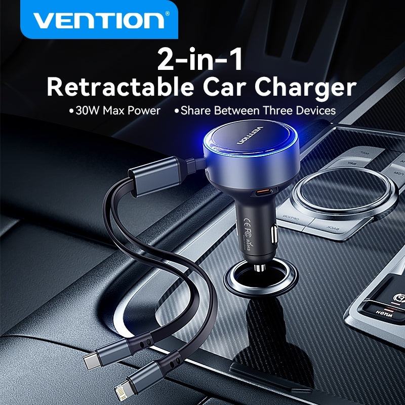 Vention Cargador De Coche De Tres Puertos USB-C +/Lightning (30W + 30W/27W) Con Cable Incorporado Para Teléfono