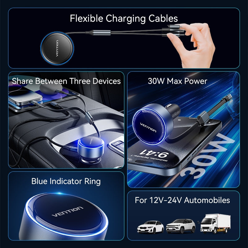 Vention Cargador De Coche De Tres Puertos USB-C +/Lightning (30W + 30W/27W) Con Cable Incorporado Para Teléfono