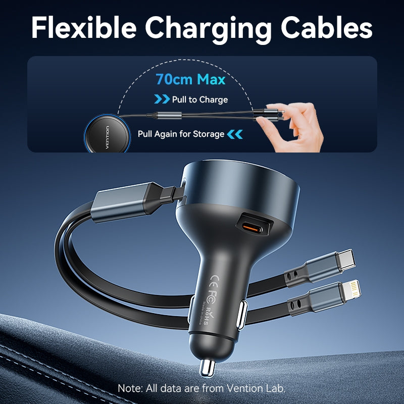 Vention Cargador De Coche De Tres Puertos USB-C +/Lightning (30W + 30W/27W) Con Cable Incorporado Para Teléfono