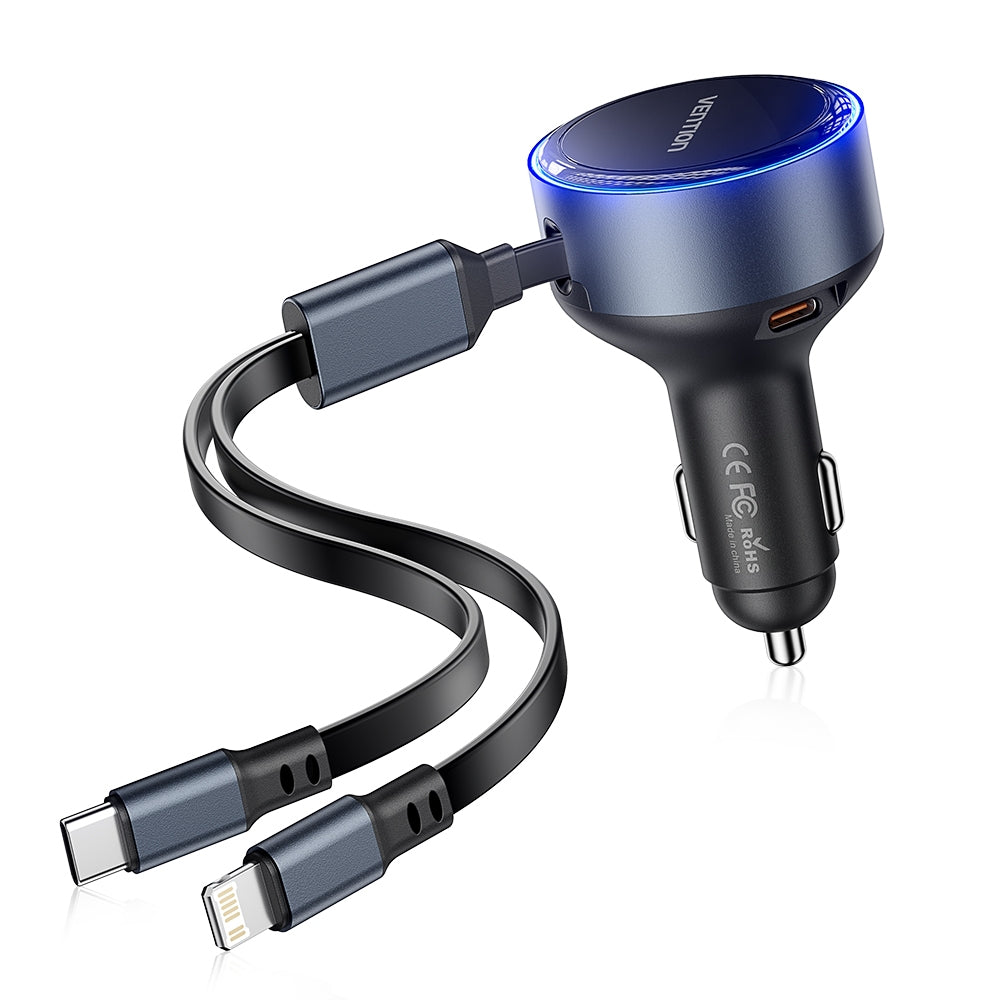 Vention Cargador De Coche De Tres Puertos USB-C +/Lightning (30W + 30W/27W) Con Cable Incorporado Para Teléfono