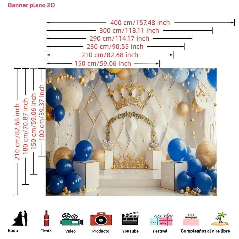 Fondo para fiesta de cumpleaños “Corona del Rey” en azul royal y dorado