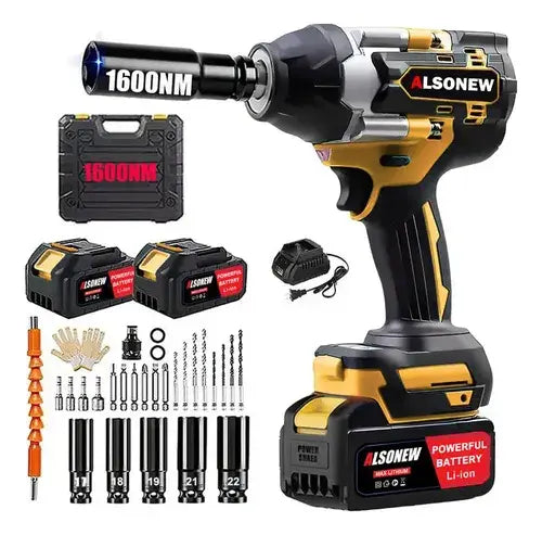 Kit De Llave De Impacto Inalámbrica 1600nm Con 2 Pilas Color Amarillo