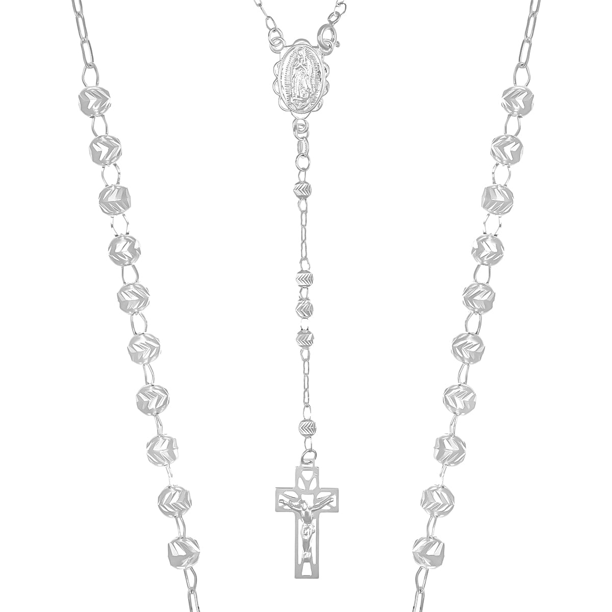Rosario De Plata Ley 925 Con Bola Diamantada De 55 Cm
