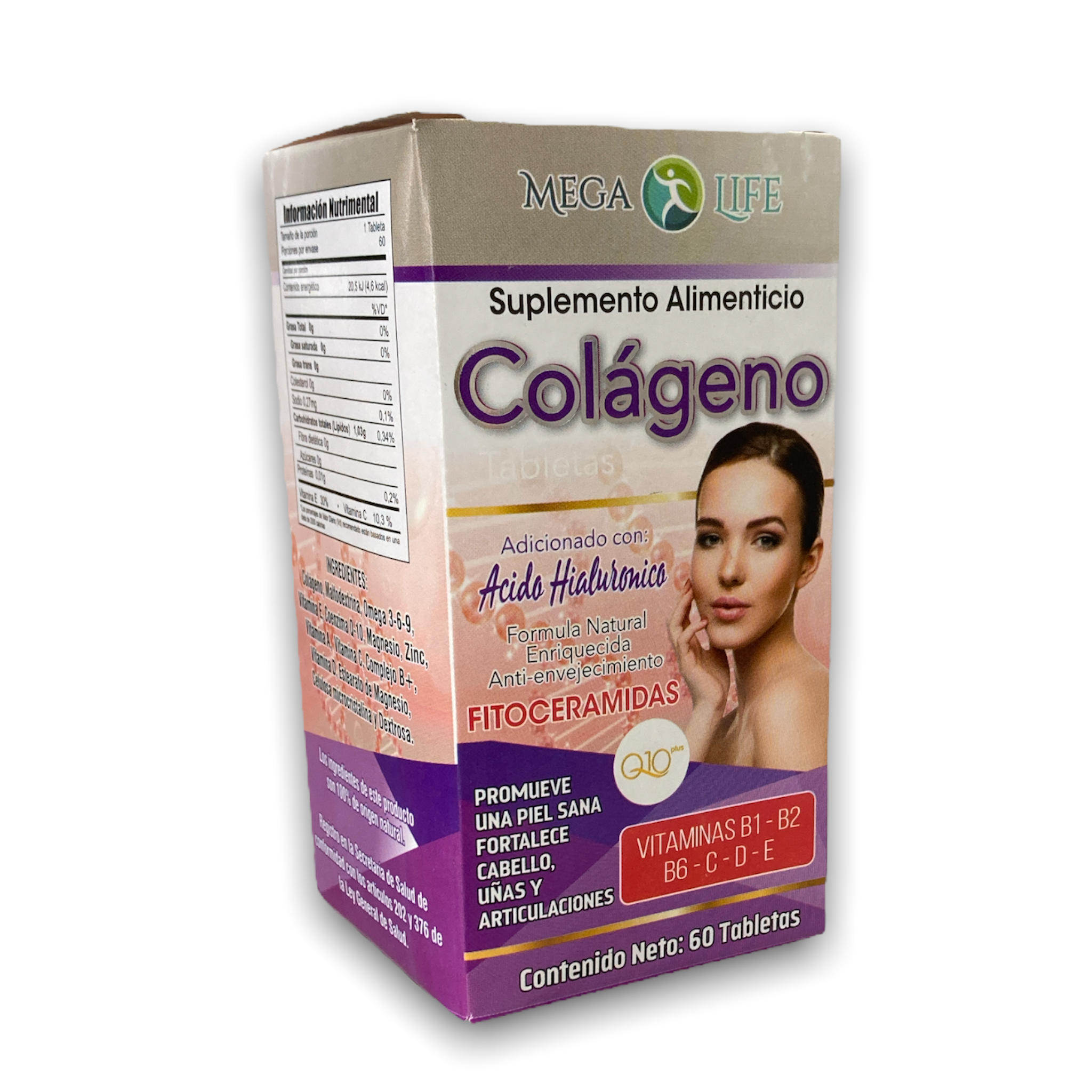 TAB COLAGENO ADICIONADO CON ACIDO HIALURONICO VIT B1 B2 B6 C D E C/60 MEGA LIFE