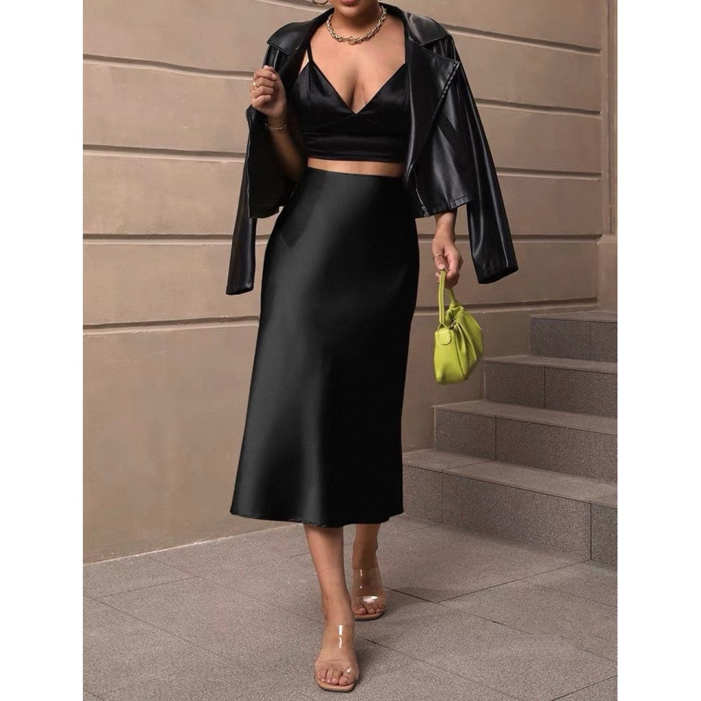 Falda Midi Satinada Negra