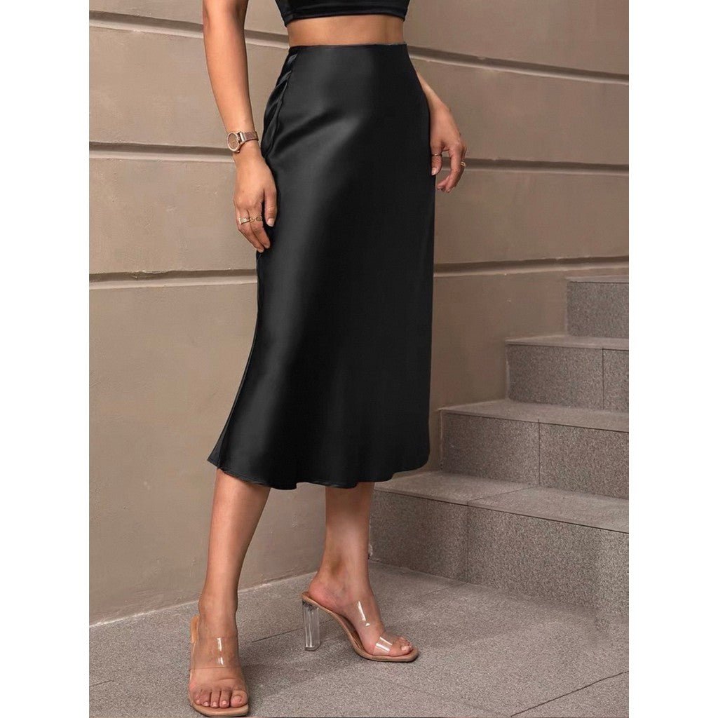 Falda Midi Satinada Negra