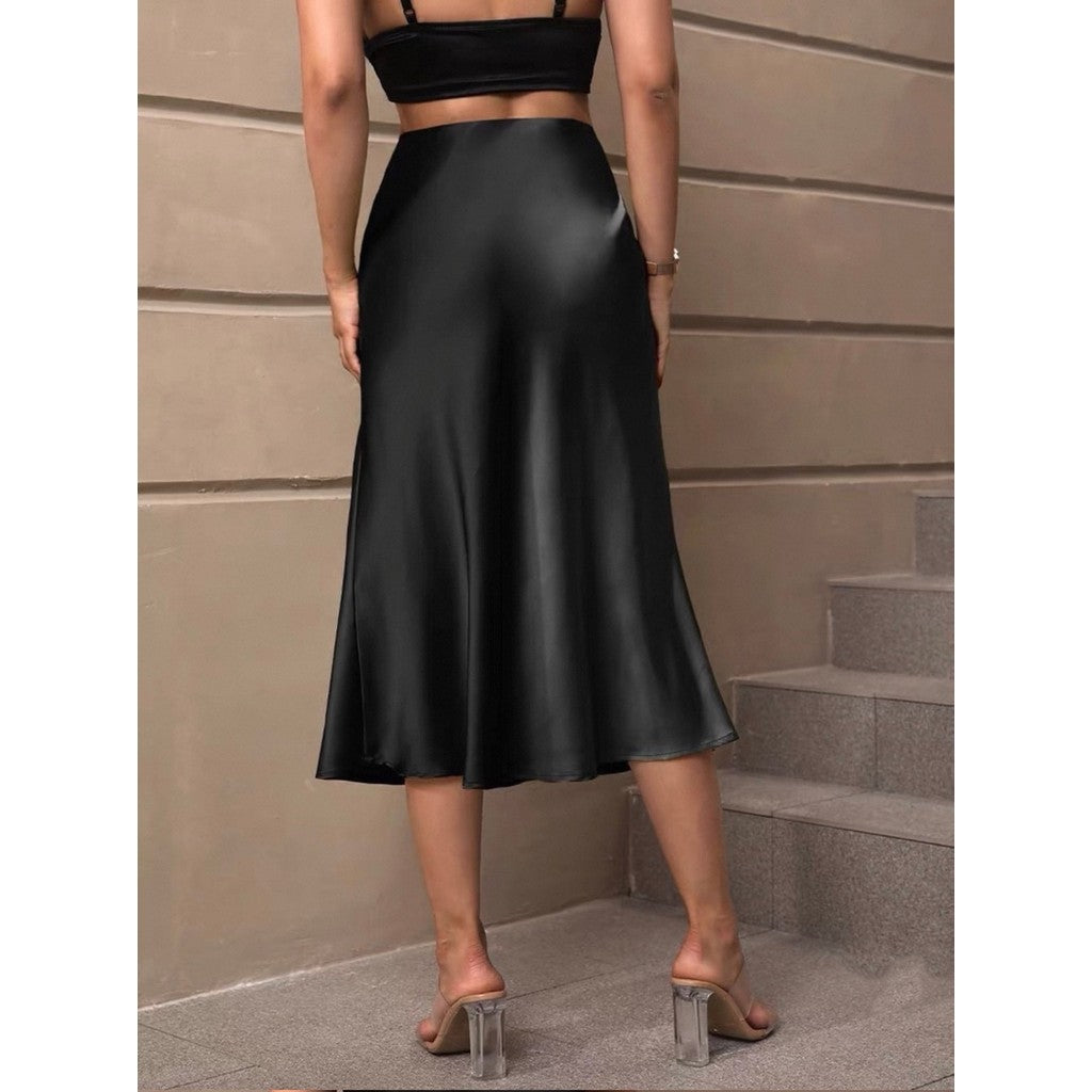 Falda Midi Satinada Negra