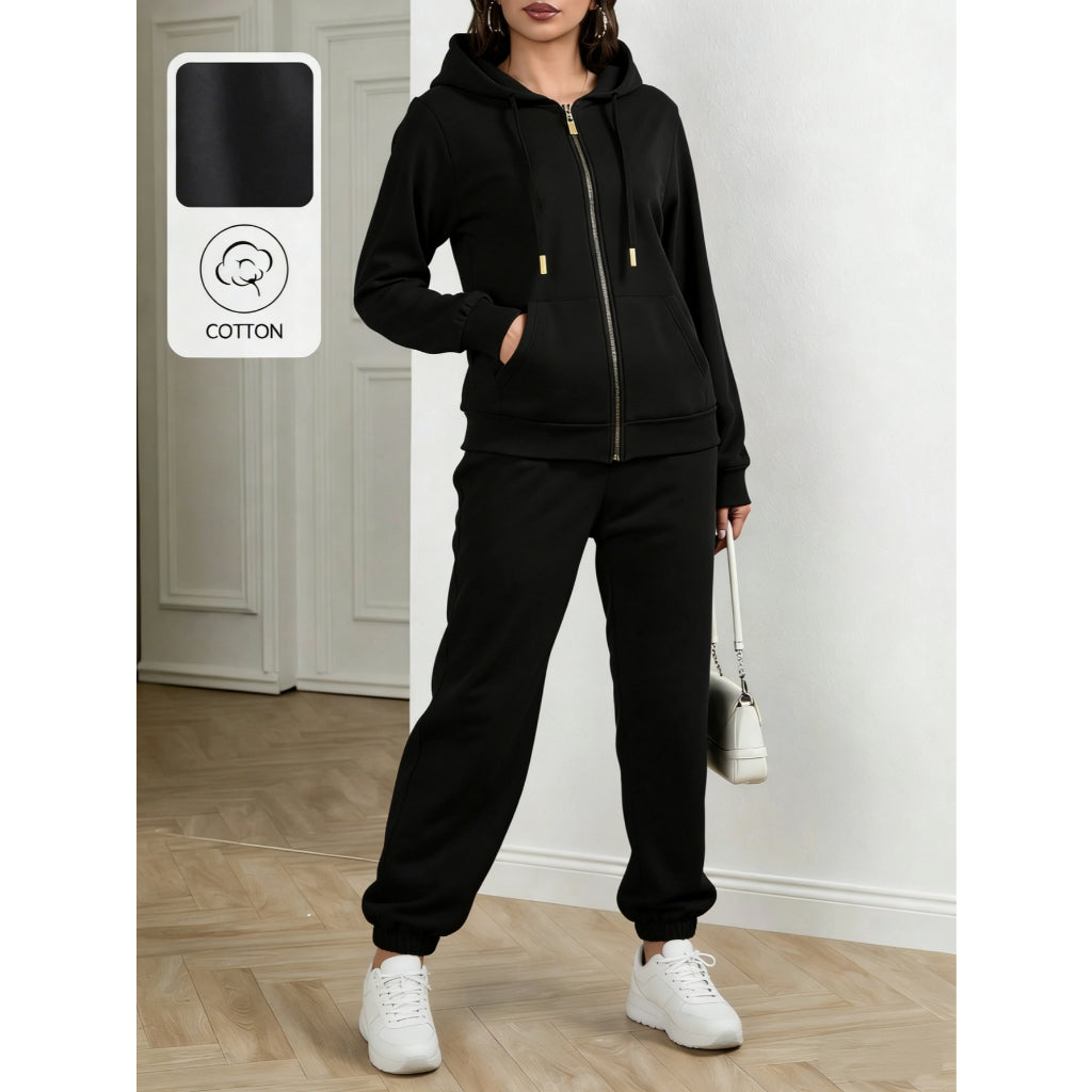 Conjunto Casual Deportivo Tela Ligera Para Dama 2 Piezas Con Sudadera Gorro Y Pantalón Corte Recto