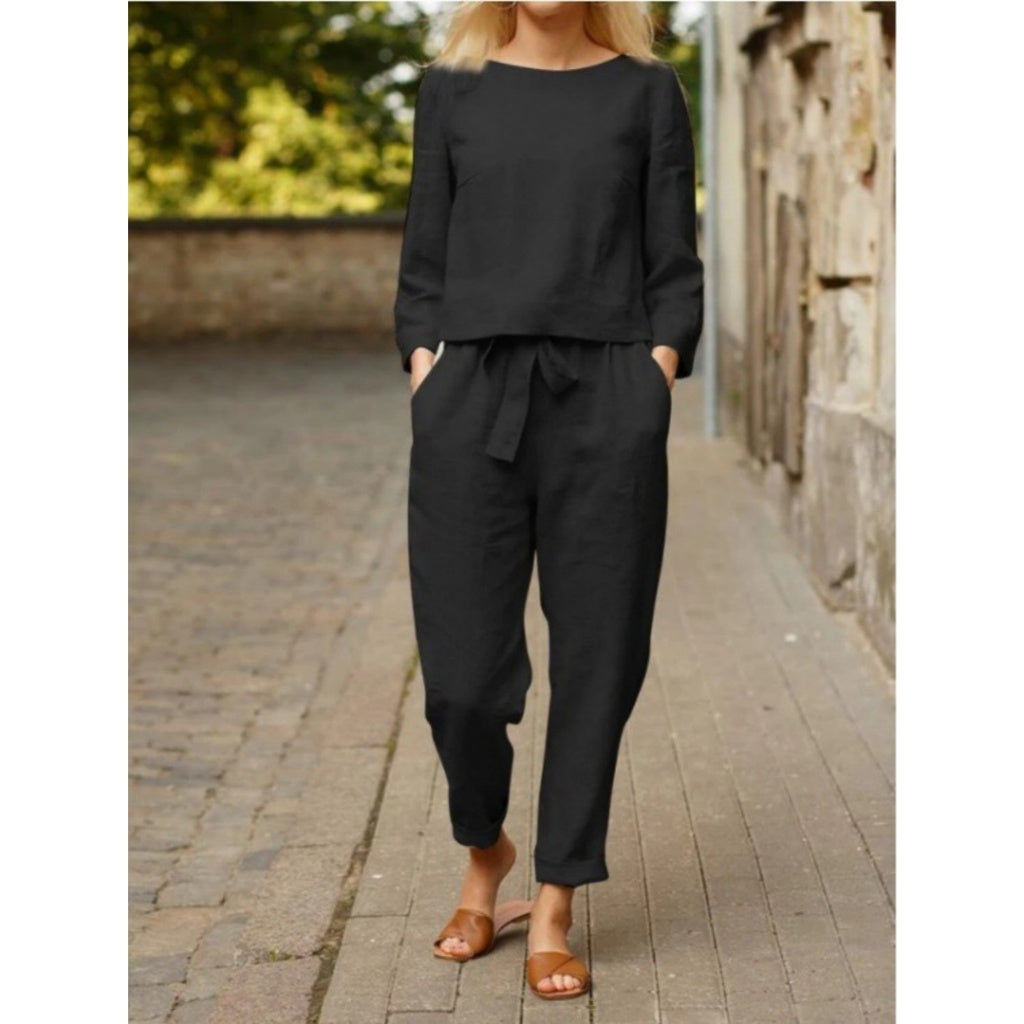 Conjunto casual de 2 piezas, unicolor, para mujer: blusa de manga corta y pantalón largo