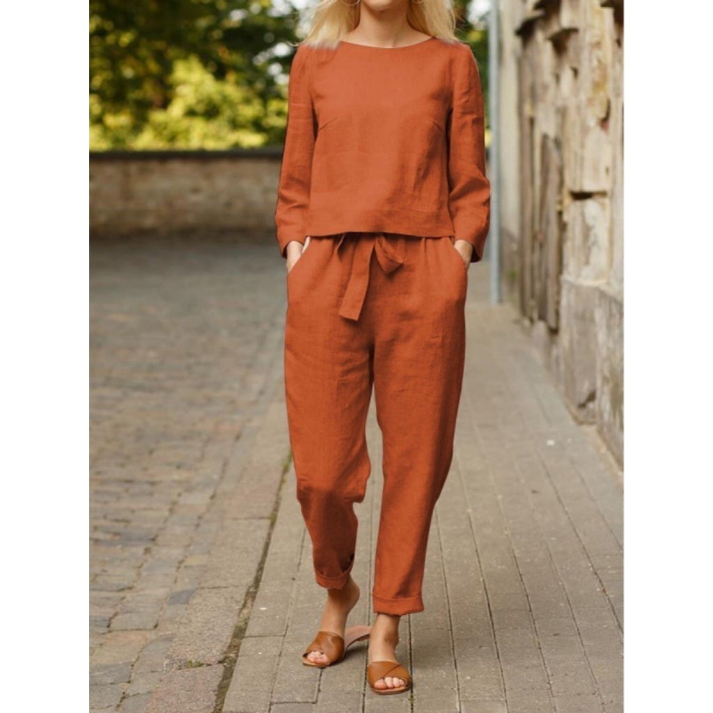 Conjunto casual de 2 piezas, unicolor, para mujer: blusa de manga corta y pantalón largo
