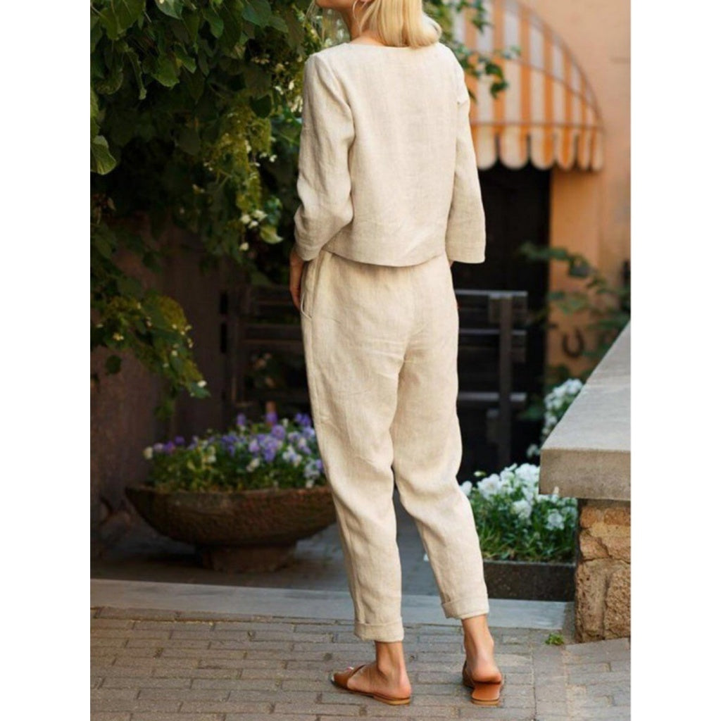 Conjunto casual de 2 piezas, unicolor, para mujer: blusa de manga corta y pantalón largo