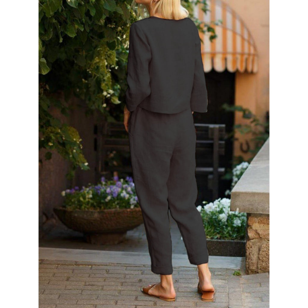 Conjunto casual de 2 piezas, unicolor, para mujer: blusa de manga corta y pantalón largo