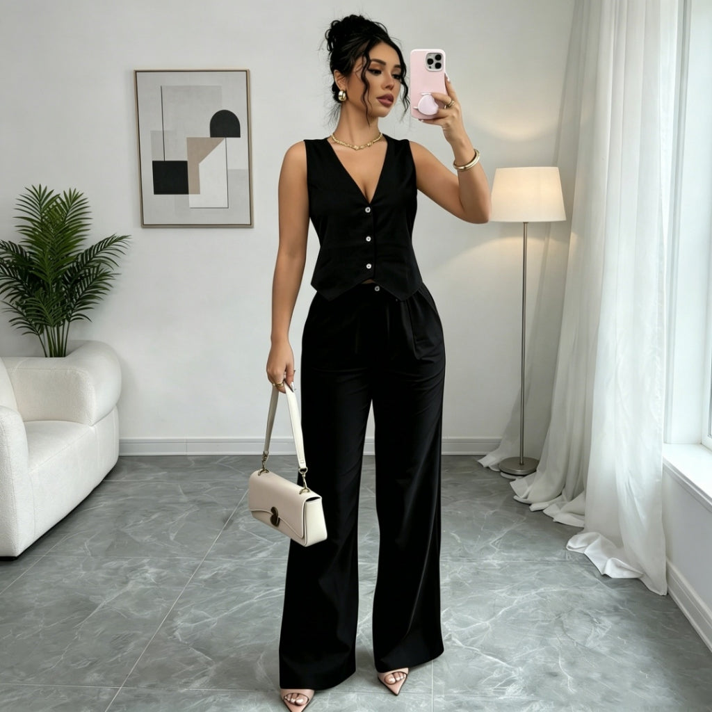 Conjunto Mujer Chaleco Sin Mangas Pantalón Cintura Elegante Oficina Casual Verano