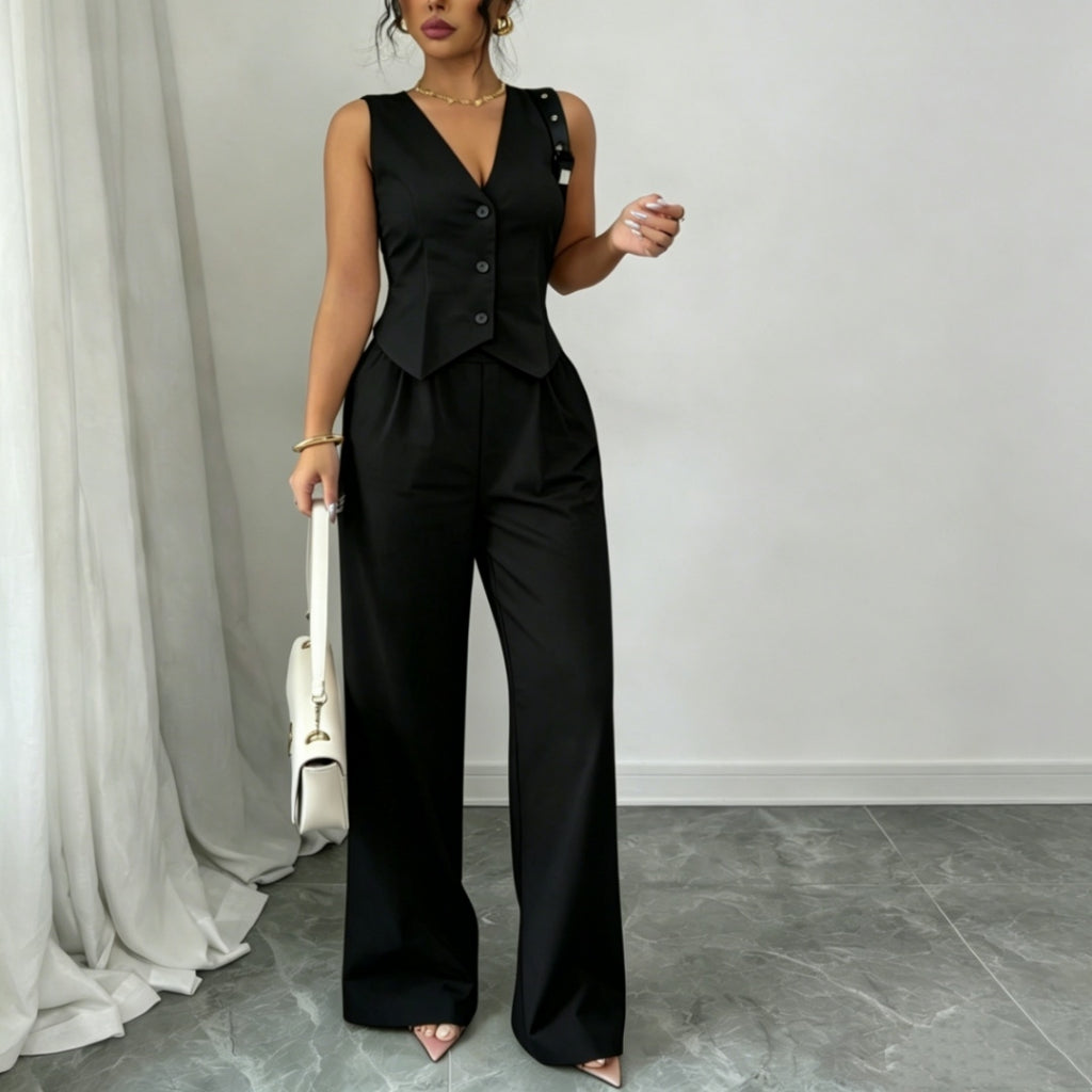 Conjunto Mujer Chaleco Sin Mangas Pantalón Cintura Elegante Oficina Casual Verano