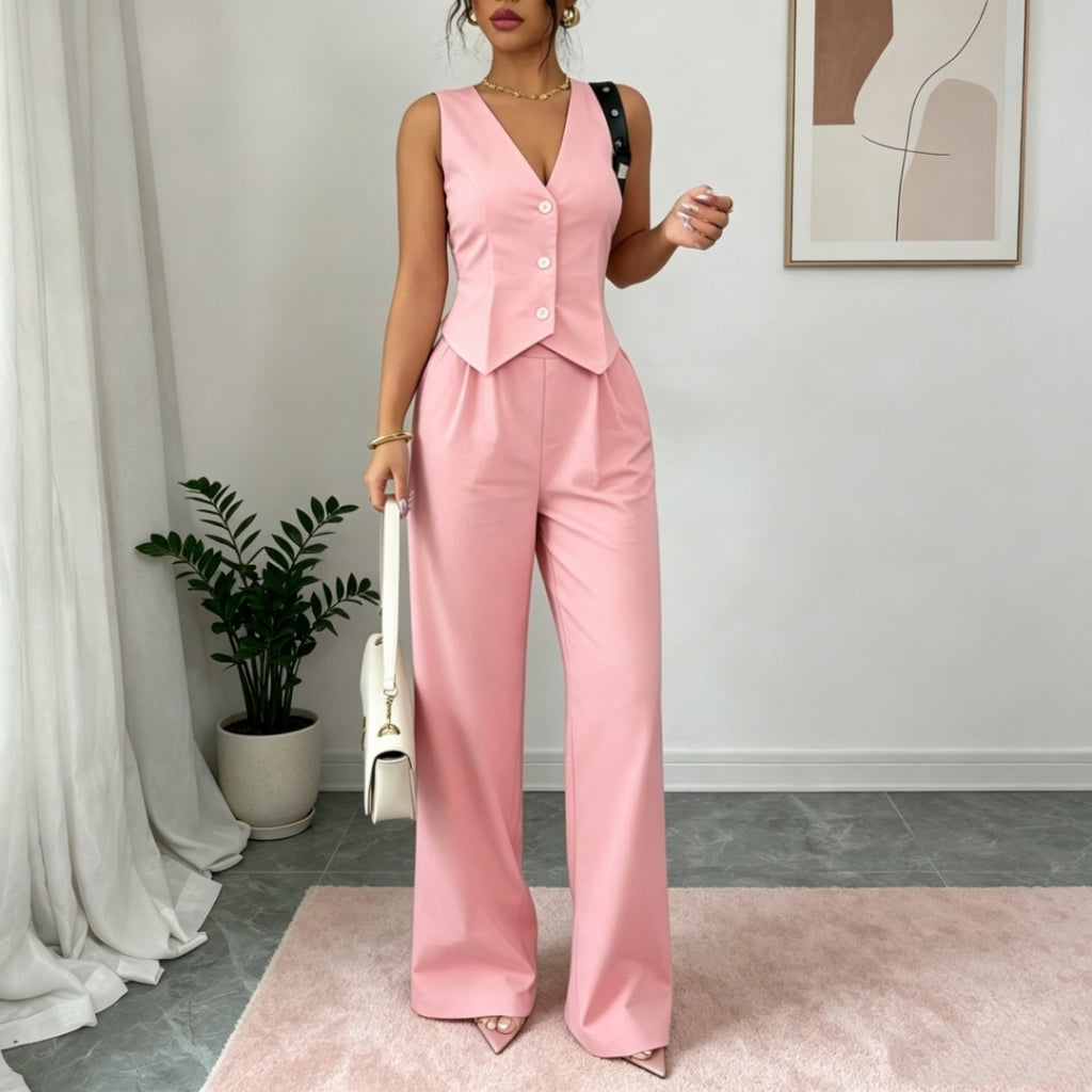 Conjunto Mujer Chaleco Sin Mangas Pantalón Cintura Elegante Oficina Casual Verano