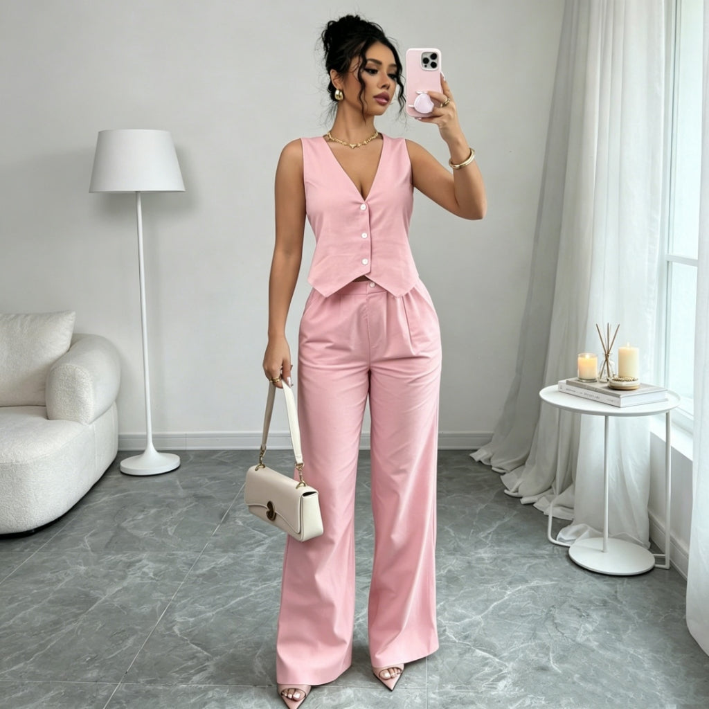 Conjunto Mujer Chaleco Sin Mangas Pantalón Cintura Elegante Oficina Casual Verano