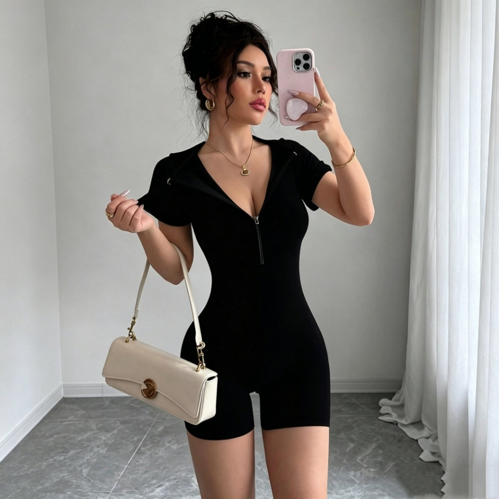 Oferta especial deportivo ajustado de manga corta con cuello polo, rayas y cremallera