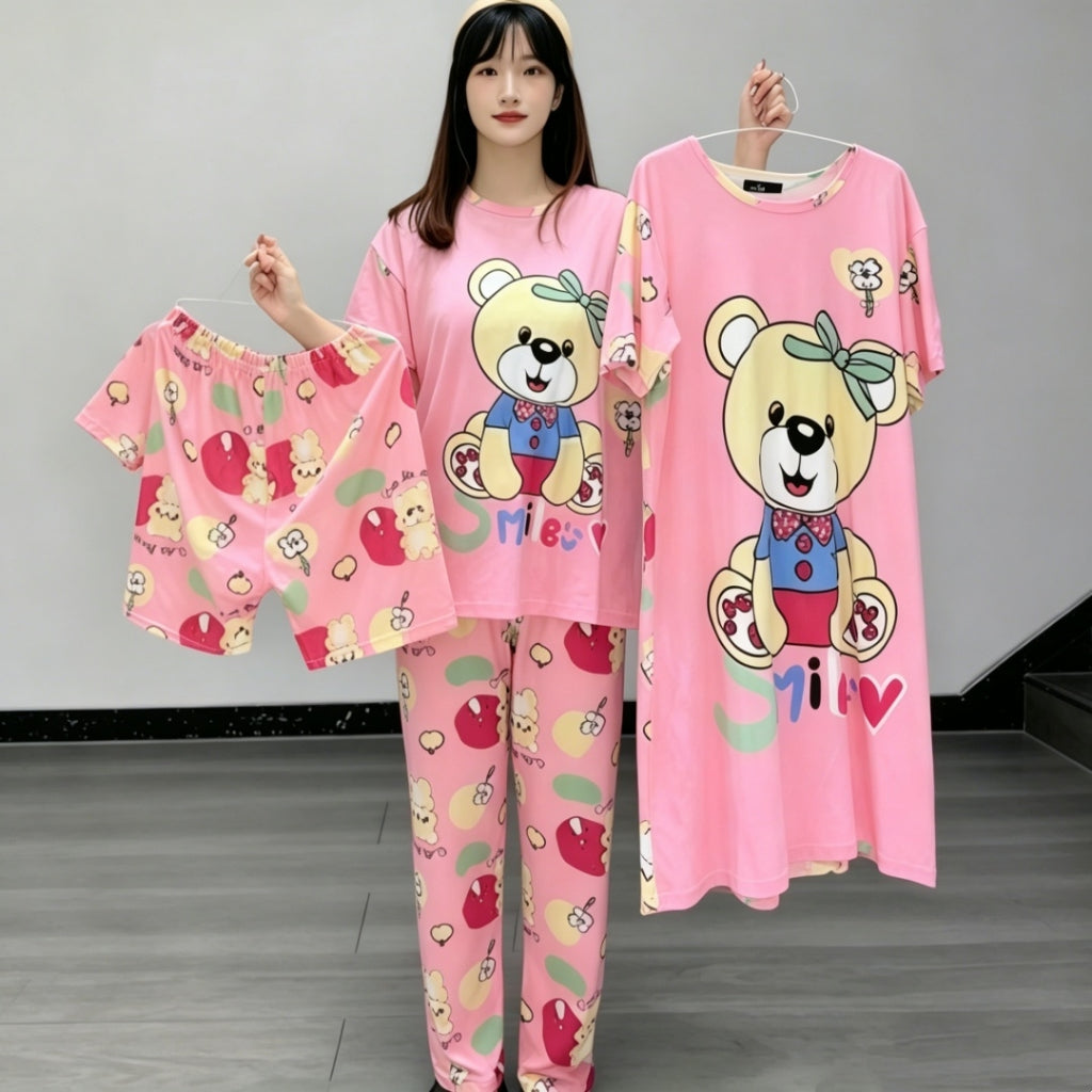 Pijama Mujer 4 Suave Estampado Oso Rosa Conjunto Corto Largo