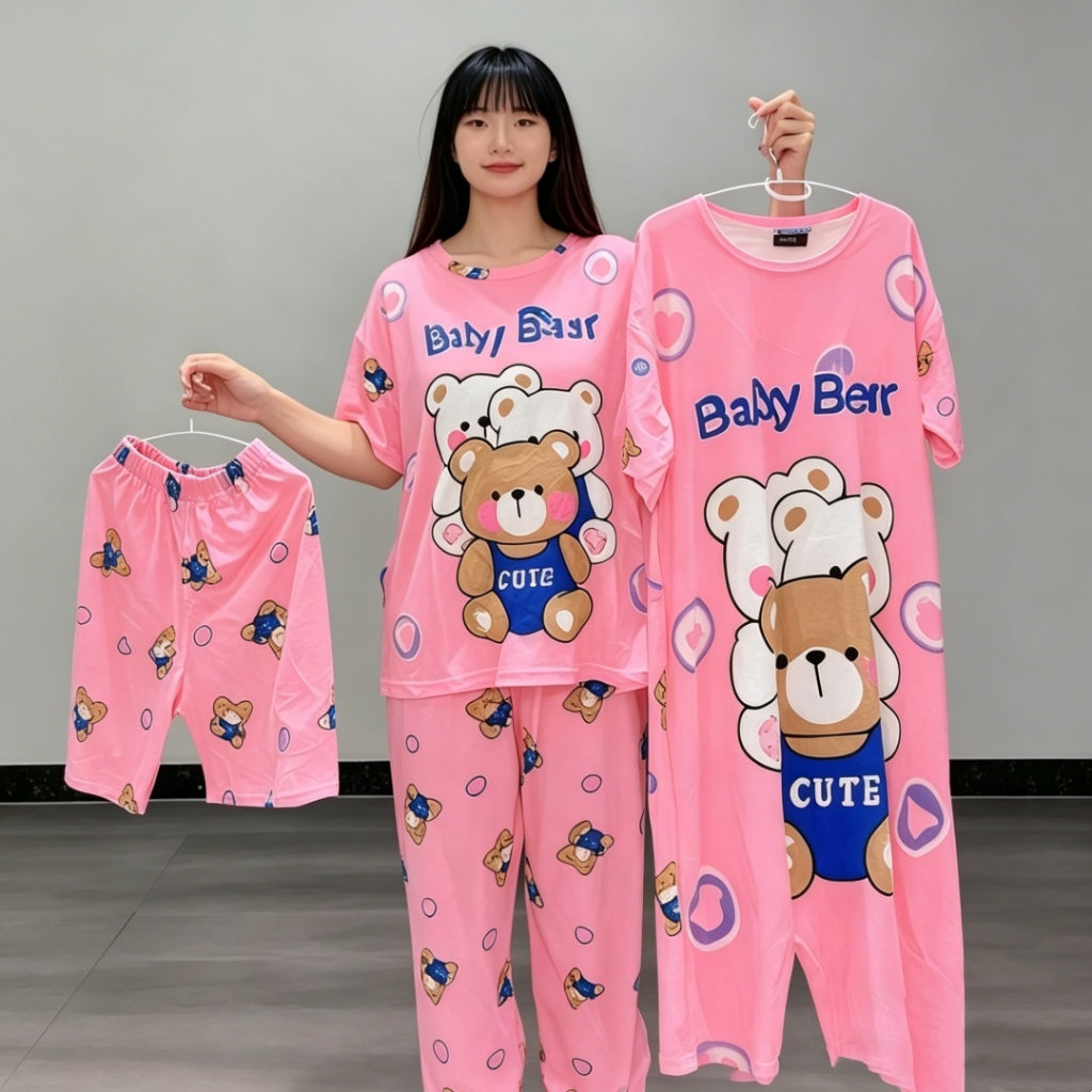 Pijama Mujer 4 Suave Estampado Oso Rosa Conjunto Corto Largo Camisón Dormir Casual