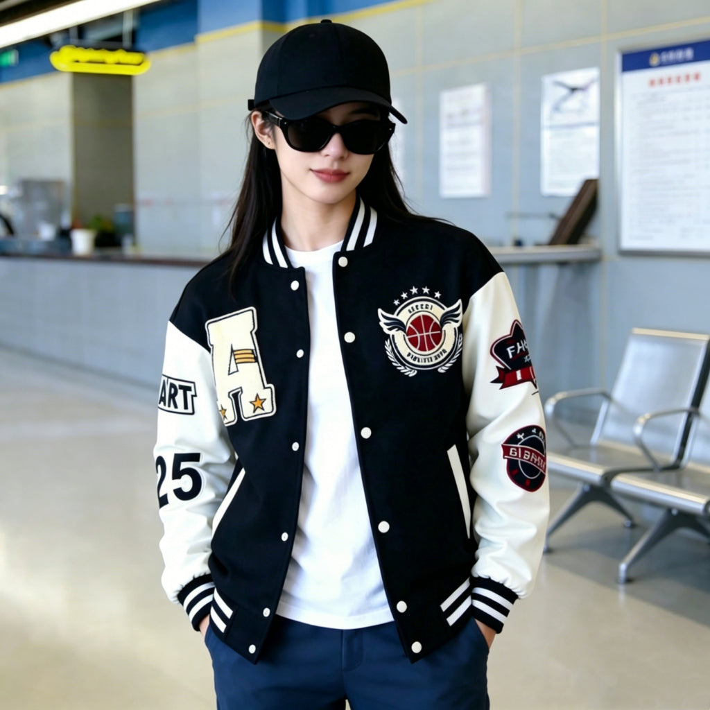 Chaqueta Varsity Parches Bordados Sudadera Béisbol Casual Mujer
