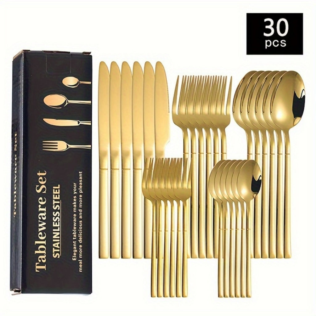 OFERTA LIMITADA Juego Cubiertos Dorado 24/30Pz Acero Inoxidable Cuchillo Tenedor Cuchara