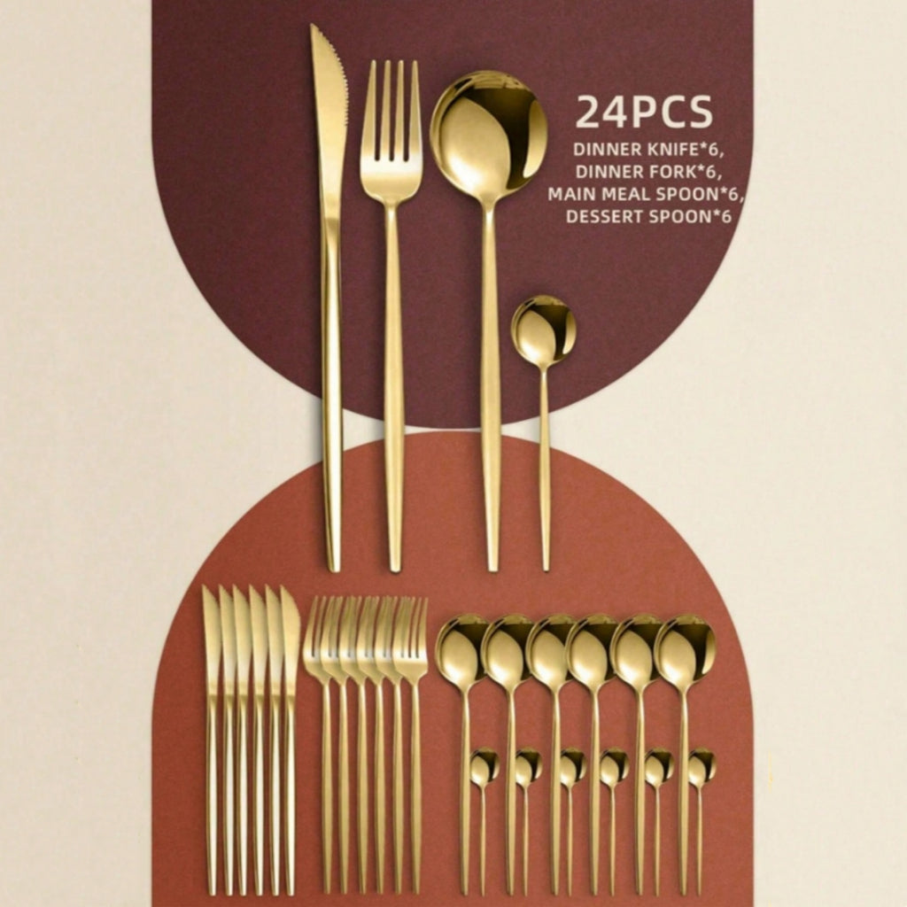OFERTA LIMITADA Juego Cubiertos Dorado 24/30Pz Acero Inoxidable Cuchillo Tenedor Cuchara