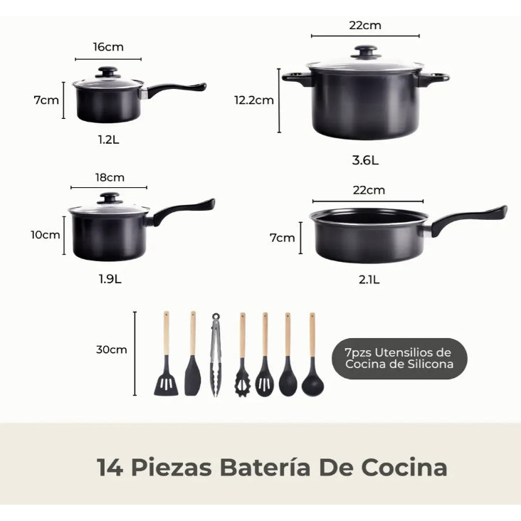 Batería De Cocina 14 Pz Juego De Sartenes Antiadherentes