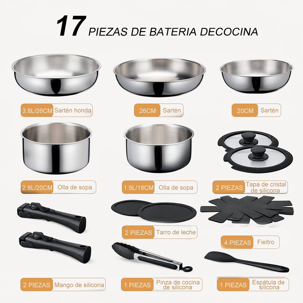 17pcs Bateria De Cocina Juego De Ollas Y Sartenes Acero Inoxidable Antiadherente para Inducción