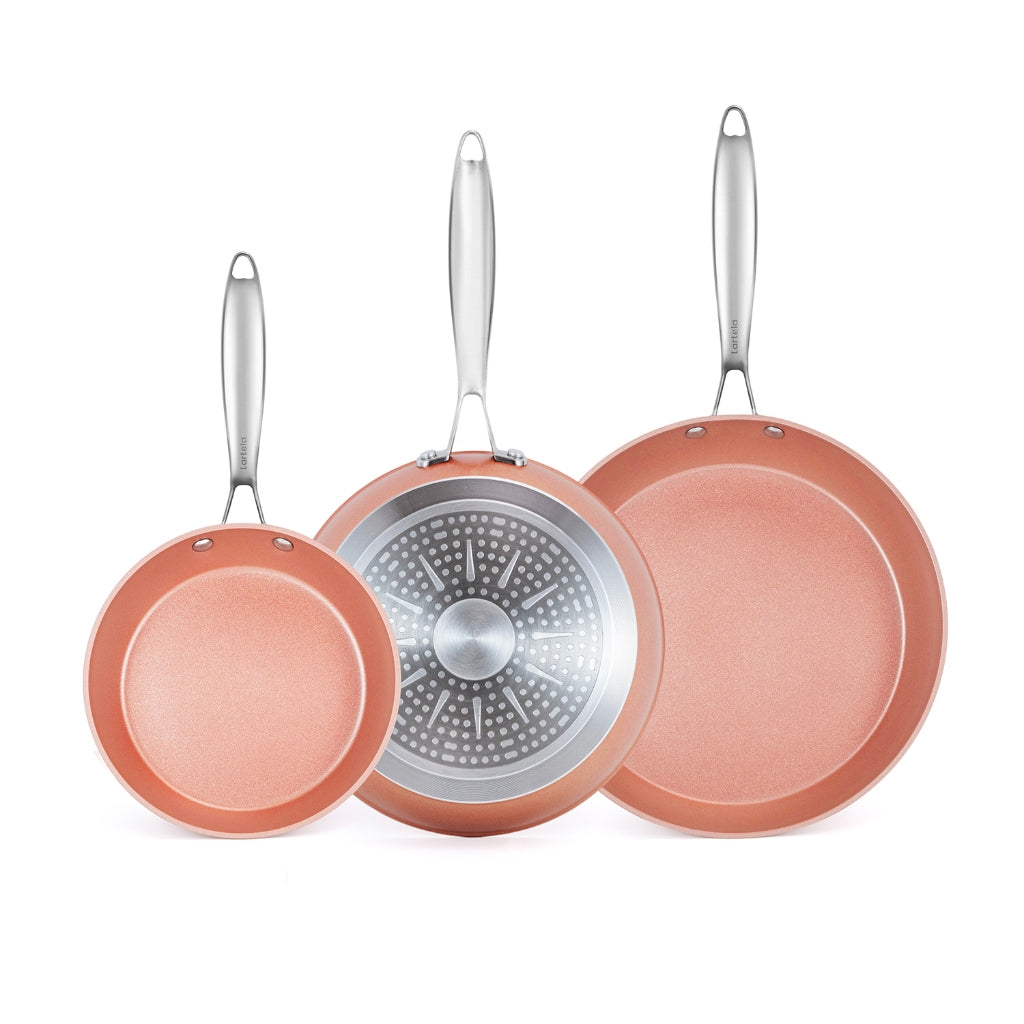 Set 3 Sartenes Antiadherentes Rosa Oro Mango Acero Inoxidable Inducción