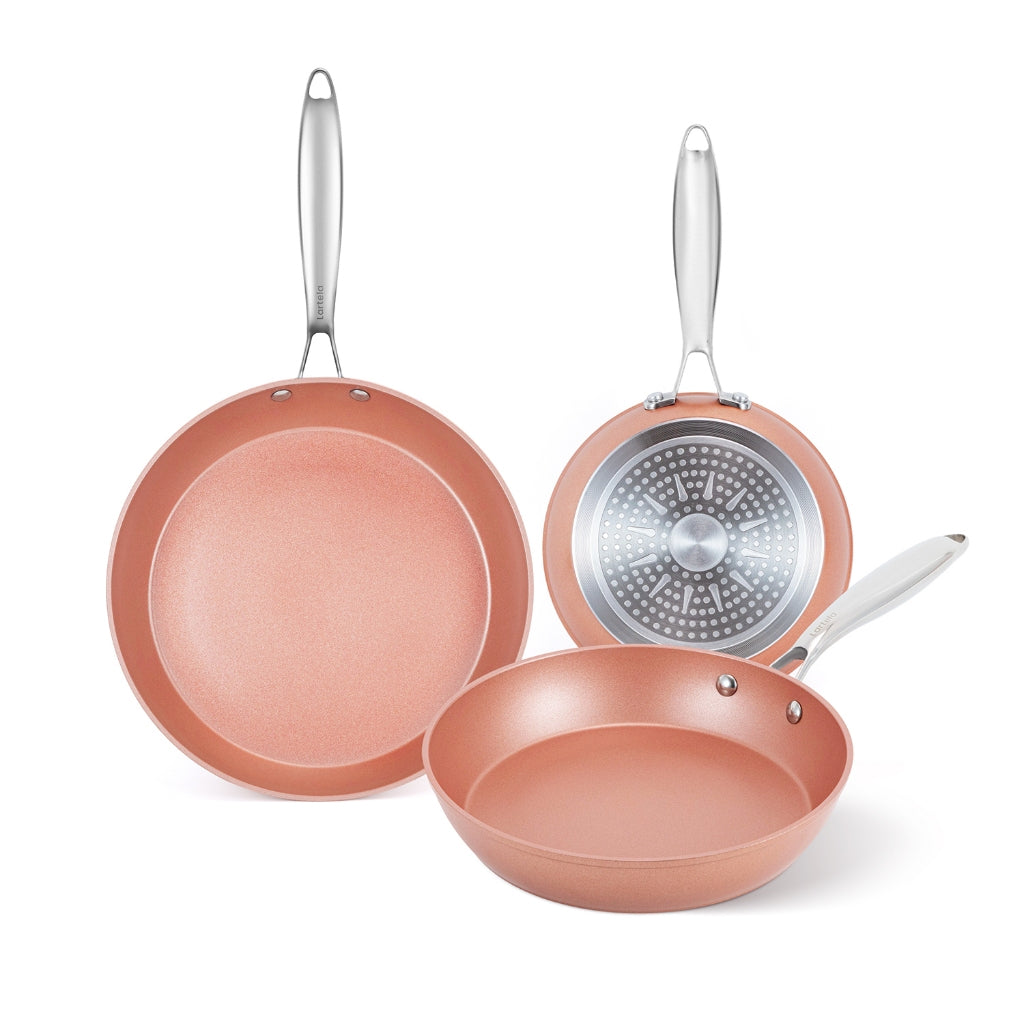 ¡Oferta! Set 3 Sartenes Antiadherentes Rosa Oro Mango Acero Inoxidable Inducción