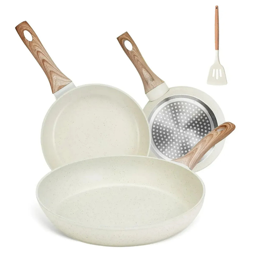 ¡Oferta! Set 3 Sartenes Antiadherentes Rosa Oro Mango Acero Inoxidable Inducción