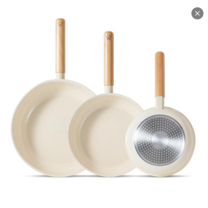 ¡Oferta!Set 3 Sartenes Antiadherentes Cerámica Mango Madera Patita Inducción