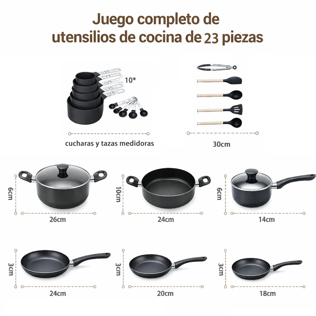 Set de Ollas y Sartenes Antiadherentes 6 Piezas + Utensilios Silicona y Medidores