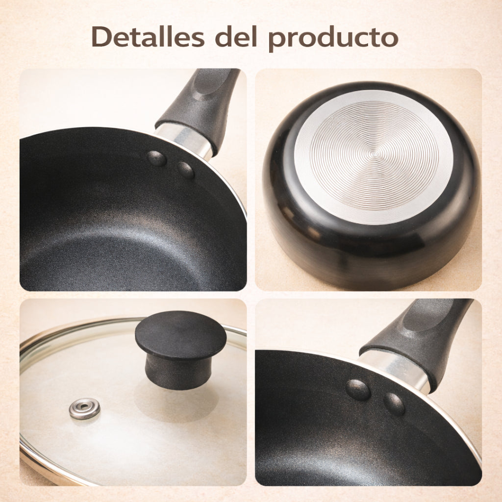 Set de Ollas y Sartenes Antiadherentes 6 Piezas + Utensilios Silicona y Medidores