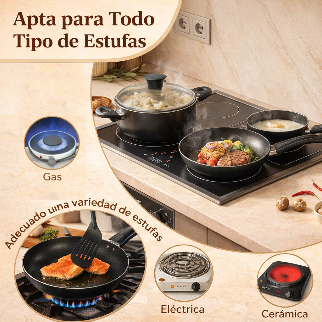 Set de Ollas y Sartenes Antiadherentes 6 Piezas + Utensilios Silicona y Medidores