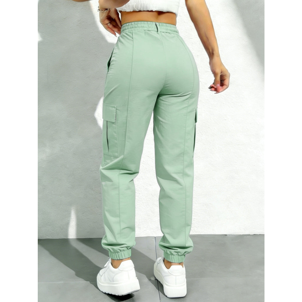 Pantalones Cargo Verde Mujer Casual Ajustable con Cordón y Bolsillos