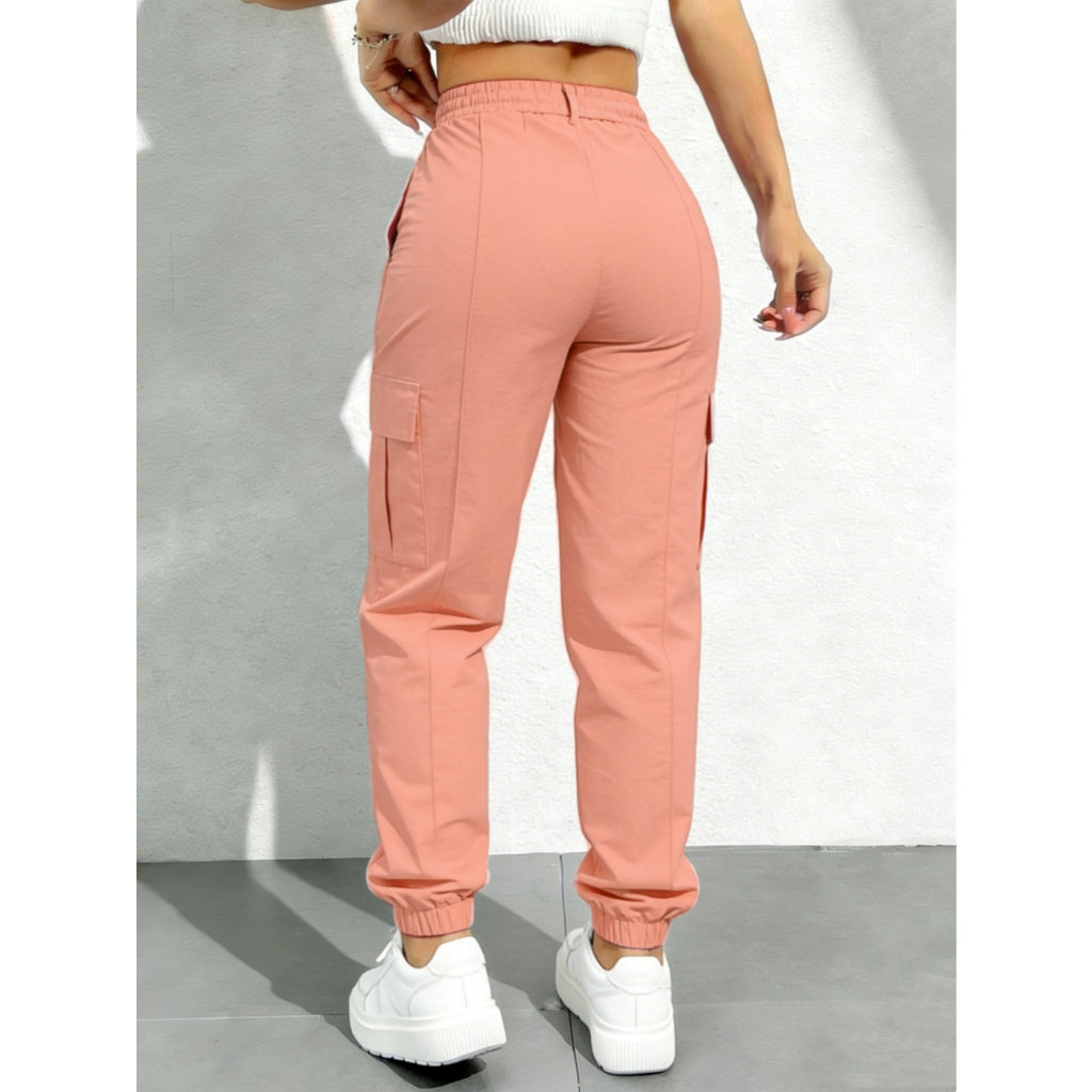 Pantalones Cargo Verde Mujer Casual Ajustable con Cordón y Bolsillos