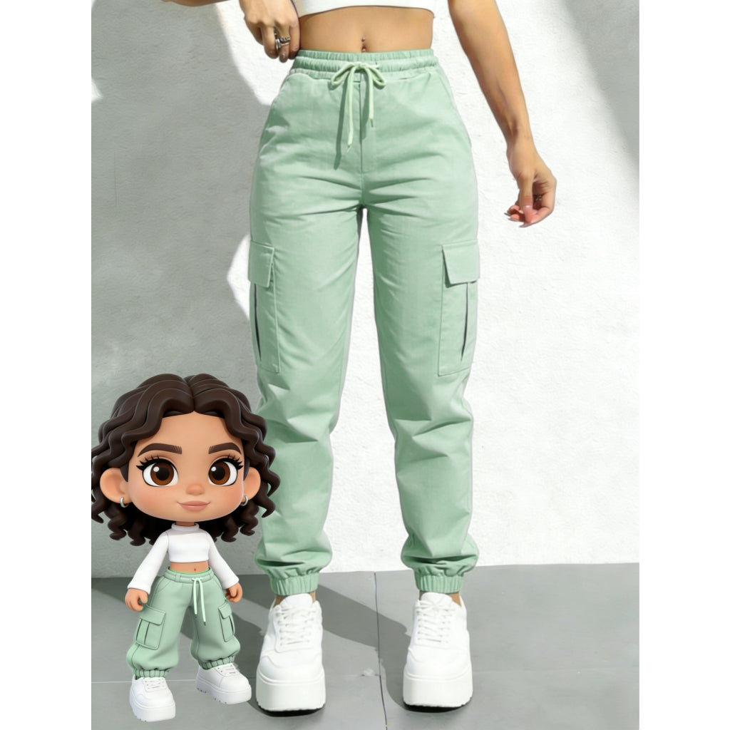 Pantalones Cargo Verde Mujer Casual Ajustable con Cordón y Bolsillos