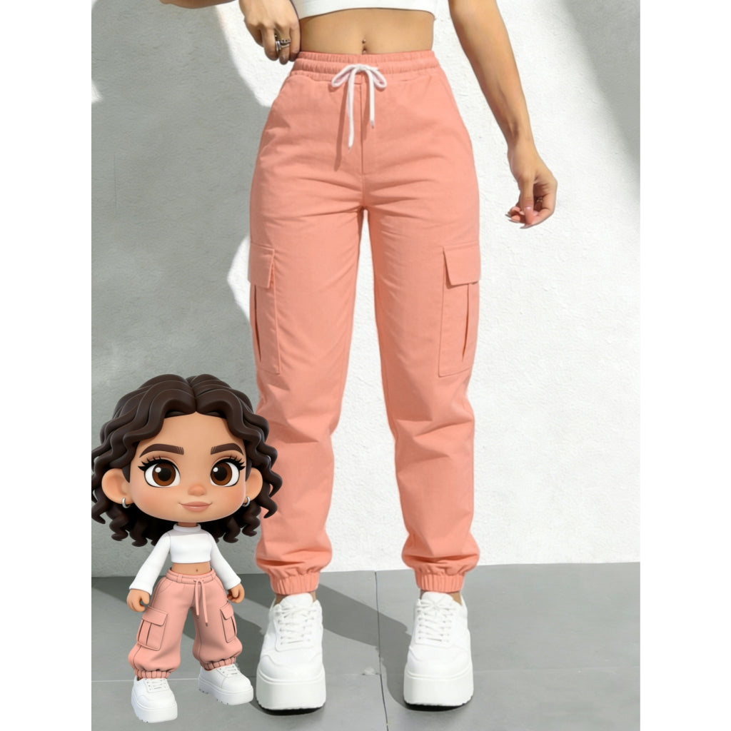 Pantalones Cargo Verde Mujer Casual Ajustable con Cordón y Bolsillos