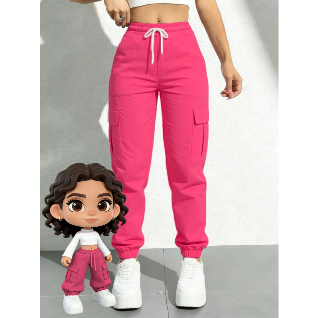 Pantalones Cargo Verde Mujer Casual Ajustable con Cordón y Bolsillos