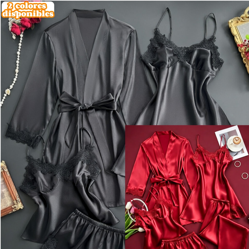 Conjunto Pijama Satén Encaje 5pzs Mujer Negro Ropa Dormir Sexy