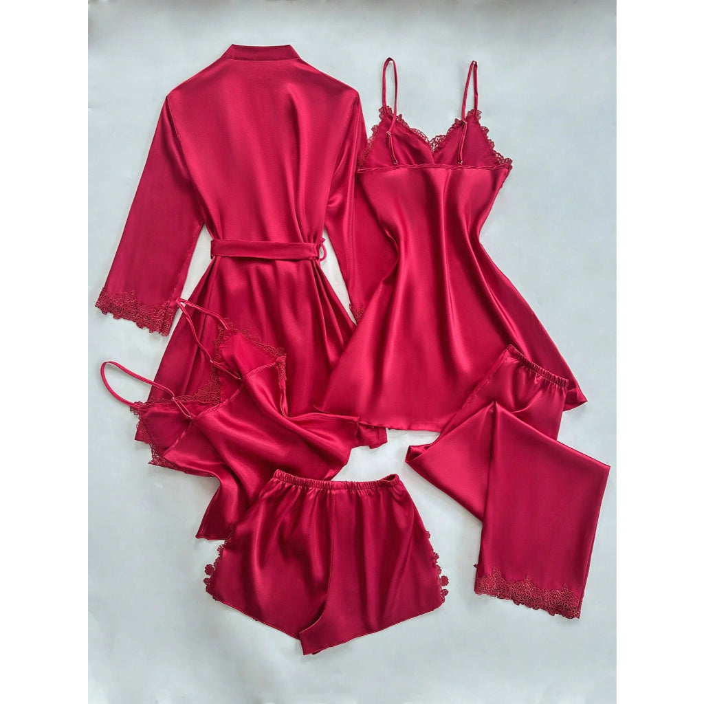 Conjunto Pijama Satén Encaje 5pzs Mujer Negro Ropa Dormir Sexy