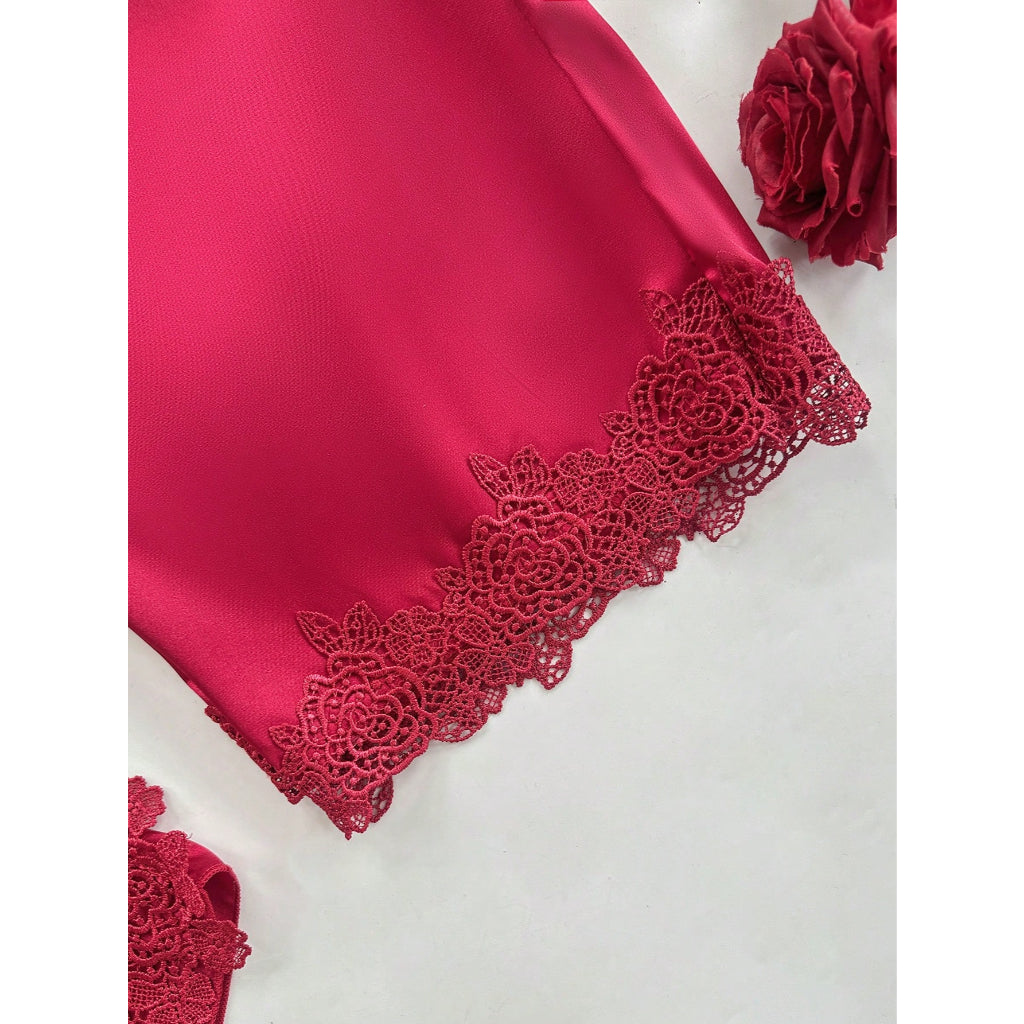 Conjunto Pijama Satén Encaje 5pzs Mujer Negro Ropa Dormir Sexy